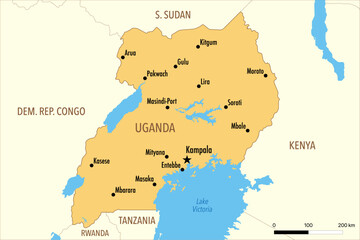 Naklejka premium Vector Map of Uganda with Major Cities and Neighboring Countries – Editable Illustration