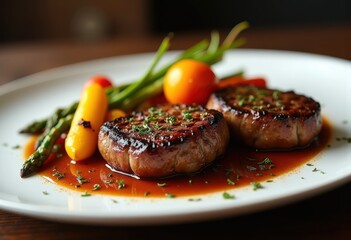 grilled steak juicy tender meat flavorful aromatic charred seasonal vegetables colorful plate gourmet dining, herbs, cooking, dish, food, meal, sear, beef