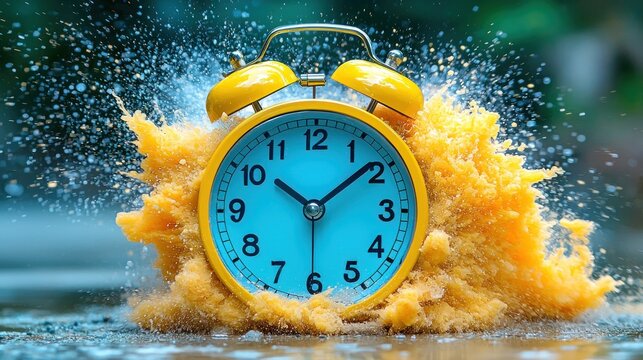 Yellow alarm clock exploding with time