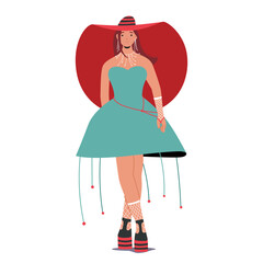 Charming woman top model cartoon character presenting trendy fashion outfit isolated on white