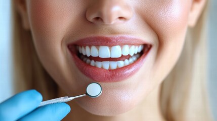 Smiling woman showing healthy teeth during dental checkup with dental tool in office setting