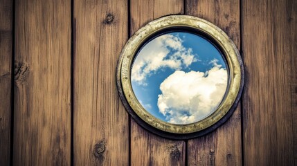 A wooden door with a round mirror on it. The mirror reflects a blue sky with clouds. The mirror is made of brass