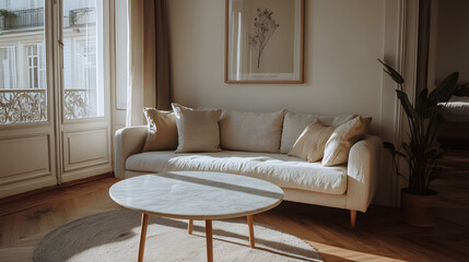 Sunlit living room with a cream sofa, marble-top coffee table, and a decorative plant. The room has hardwood floors and detailed French doors.