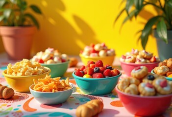colorful assorted snack bowls displayed vibrant tablecloth summertime party gathering delight, food, appetizer, peanuts, chips, fruit, vegetable, fresh