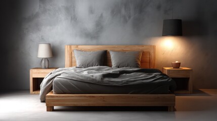 A minimalist bedroom with a light oak wood bed frame, cool white lighting, and soft taupe walls