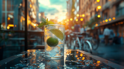 Summer evening on a city street: a cold cocktail with lime and mint on a wet table in the light of sunset..