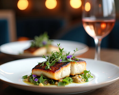 Gourmet Grilled Fish Dish with Rose Wine in Elegant Restaurant Setting