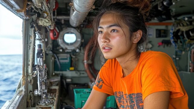 Young woman on a ship, focused on ocean exploration