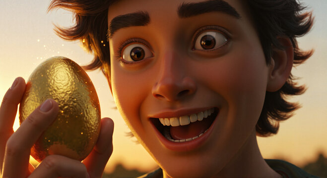 Excited boy holding a golden egg during Easter sunset  