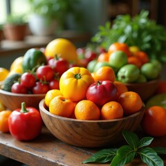 vibrant colorful fruits vegetables freshness natural arrangement wooden bowls display, healthy, organic, produce, platter, harvest, farm, food, textured