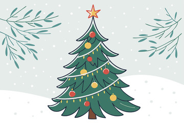 Christmas tree vector illustration with green fir branches and winter holiday decorations.