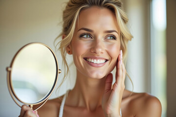 Naklejka premium Happy Middle-Aged Woman Touching Face in Mirror – Skincare and Anti-Aging Beauty