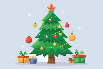 Christmas tree vector illustration with green fir branches and winter holiday decorations.