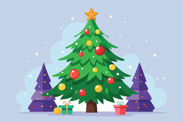 Christmas tree vector illustration with green fir branches and winter holiday decorations.