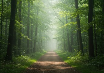 Naklejka premium Enchanted forest path with dappled sunlight and misty atmosphere