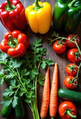 vibrant vegetable flat lay colorful arrangement fresh organic produce rustic wooden table background, food, ingredients, healthy, raw, nature, variety, plant