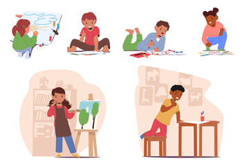 Kids cartoon characters drawing on paper with crayons, paints, pencils at kindergarten or art school