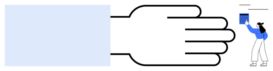 Large hand extending support to small figure holding book, reflecting assistance, learning, care. Ideal for education, mentorship, teamwork, guidance, partnership growth flat simple metaphor