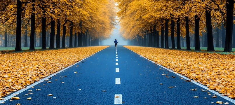 A solitary runner exercises on a tree lined road in autumn