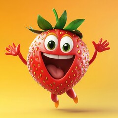 Fototapeta premium Joyful jumping strawberry cartoon, orange background, food ad