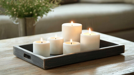 On a Coffee Table: A small tray or shallow dish can hold candles, small trinkets, or decorative objects on a coffee table. This helps add a personal touch while maintaining a tidy, organized space.