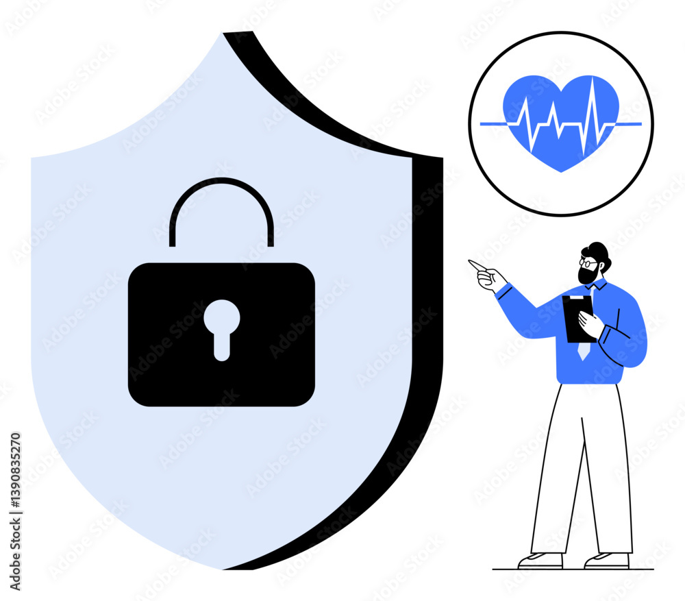 Poster black lock on shield symbolizing security, man pointing at heart with pulse icon. ideal for technolo