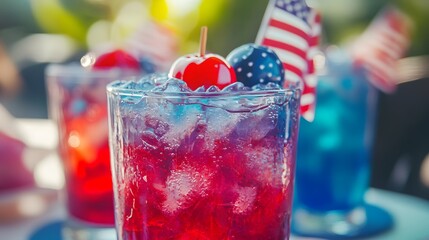 Festive red, white, and blue summer drinks with ice and cherry garnish with small decorative flag, perfect for Fourth of July celebration.