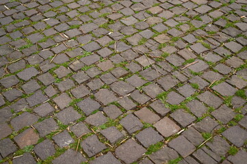 old grey paving slabs with green grass in the background, paving stones with grass growing in the...