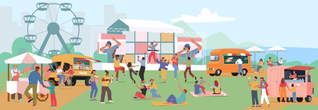 Music festival in park outdoors, open air concert scene with live performance and relaxing people