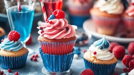 Festive cupcakes with red, white, and blue frosting and berries, perfect for patriotic celebrations and summertime desserts. 
