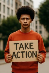 Serious male protesting downtown, gripping cardboard sign with social message