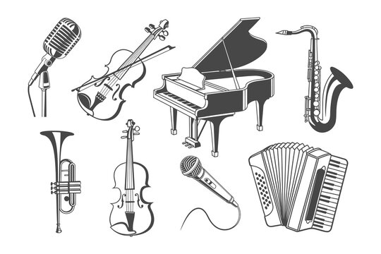Musical instruments icons set. Piano, violin, saxophone, trumpet, accordion, microphone. Illustration, silhouettes.