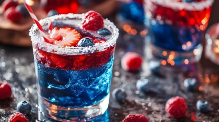 Festive layered cocktail adorned with fresh berries and a sugar-rimmed glass for a celebratory and patriotic vibe. Delicious refreshment.