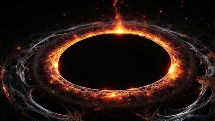 A dark black hole surrounded by a fiery, glowing accretion disk in space.