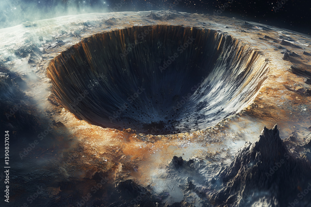 Poster large crater is shown in the sky with a lot of space around it. the image has a sense of vastness an