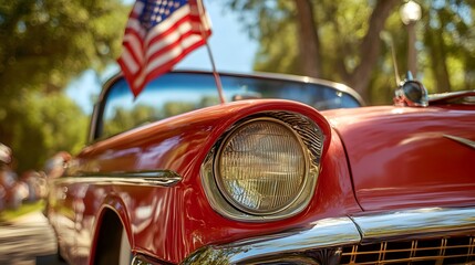 Vintage red automobile with an American flag mounted on its roof at an outdoor show for enthusiasts and collectors of classic cars.