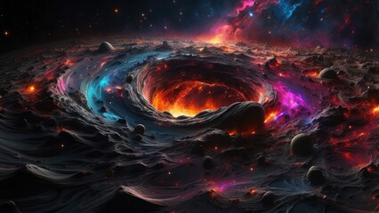 A dark black hole surrounded by a fiery, glowing accretion disk in space.