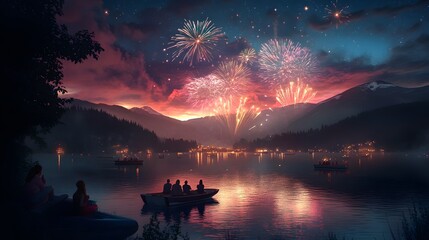 Nighttime lake view with fireworks reflecting in the water. People watch from boats near mountains and trees silhouetted against the dark sky.