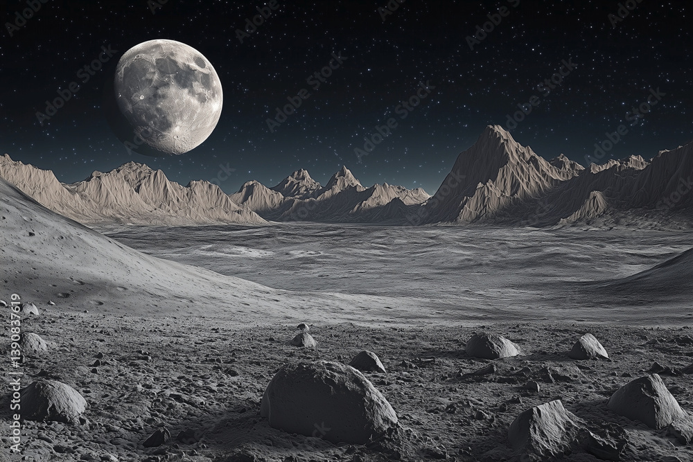 Aufkleber desolate landscape with a large moon in the sky. the moon is the only source of light in the scene
