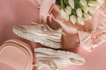 Top view of spring fashion essentials in soft pink tones, featuring a denim jacket, bouquet of...