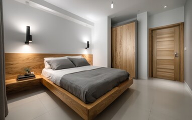 A modern bedroom with a light wooden bed, white walls, and muted grey accents