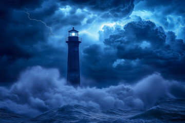lighthouse is in the middle of a stormy sea. The waves are crashing against the lighthouse, and the sky is filled with lightning. Scene is intense and dramatic