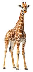 Fototapeta premium Giraffe stands gracefully on a transparent background with a playful expression and spotted coat Generative AI