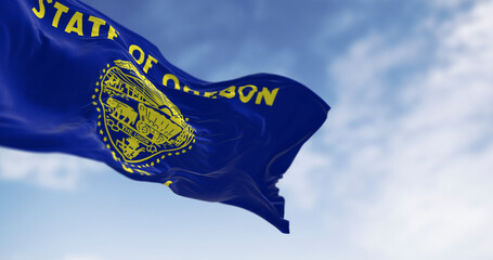 Oregon state flag waving with seal and eagle, 3D render illustration