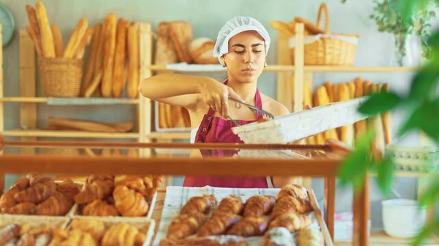 Positive young saleswoman puts croissants on display in square woven basket in bakery shop. High quality 4k footage