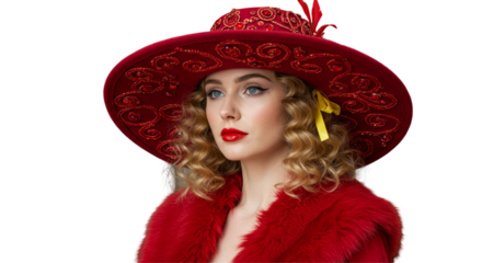 Fashionable woman with a vibrant red hat isolated