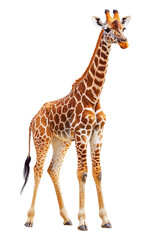 Obraz premium Tall giraffe standing alone on a white background showcasing unique patterns and features Generative AI