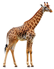 Naklejka premium Giraffe standing tall with distinct patterns on a white background in a serene display of nature's beauty Generative AI