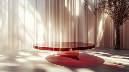 A round acrylic table in wine red is illuminated by soft curtains and sunlight, designed for high-end product display