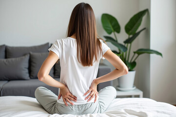 Pain body muscles stiff problem, asian young woman, female painful back ache from work hand holding massaging rubbing waist hurt